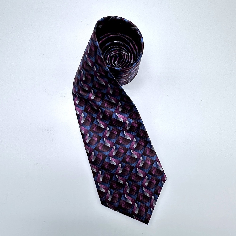 Albert Nipon Mens Geometric Abstract Silk Necktie Purple Blue Silver Classic Tie